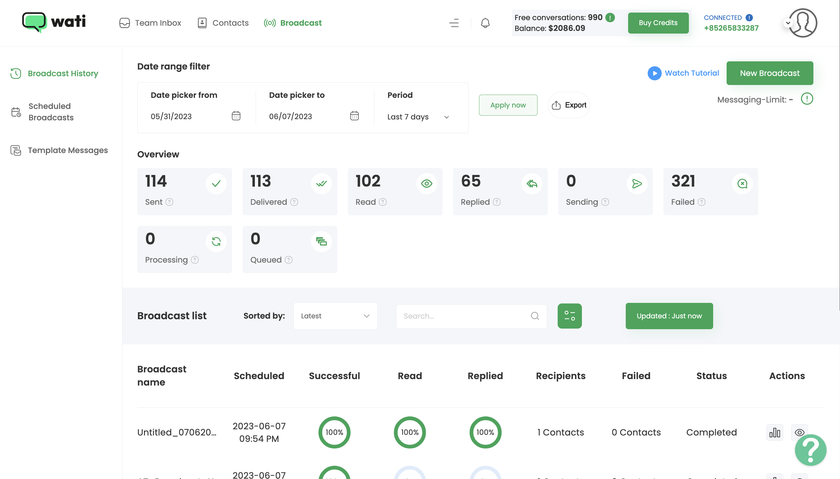 WATI dashboard screenshot