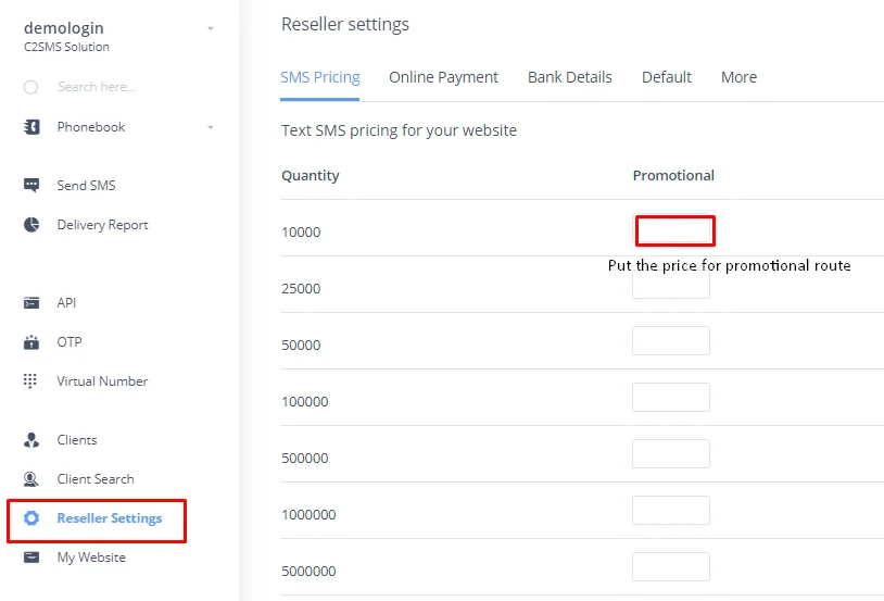 How can I add pricing to my website in c2sms